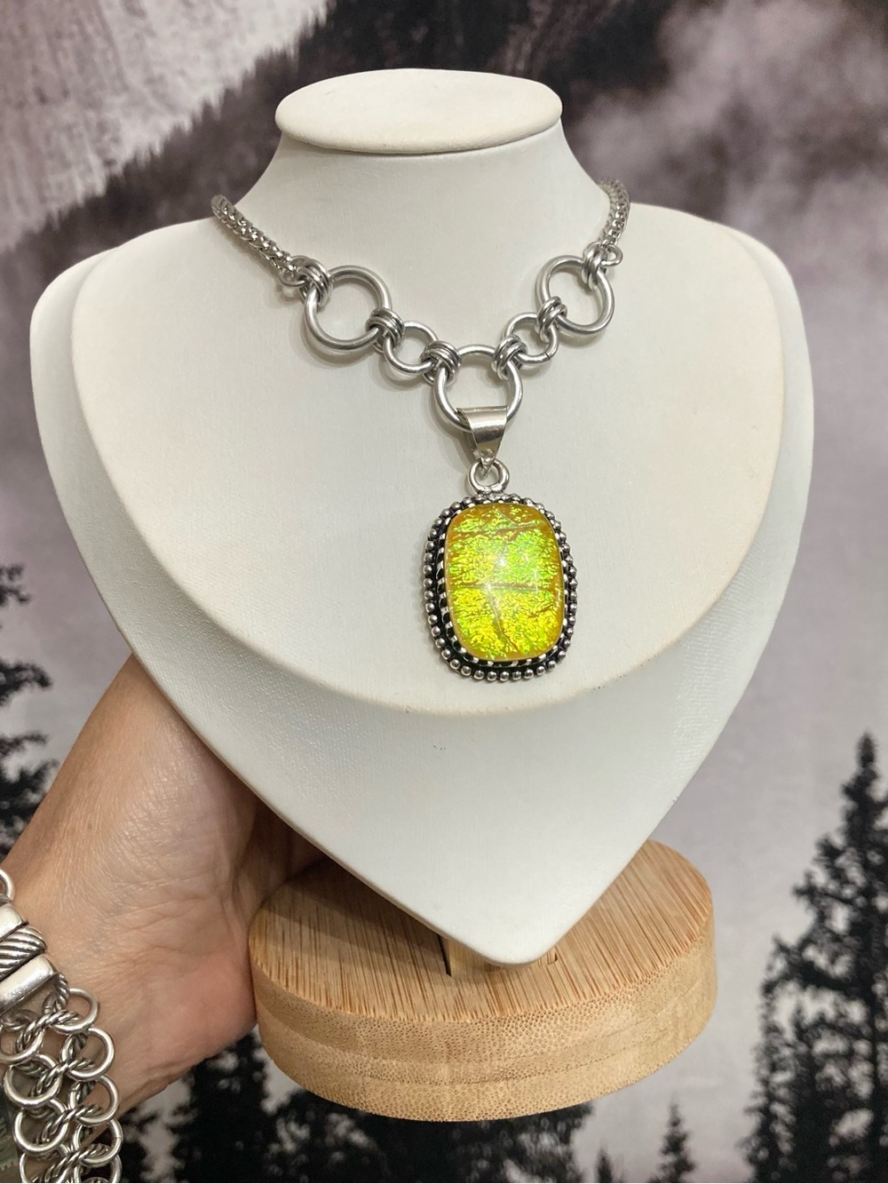 925 Sterling silver overlay man made yellow fire opal glass boho necklace